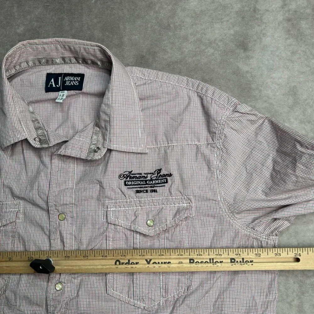 Armani Jeans Mens XXL Red Micro Check Snap Front Western Graphic Shirt flaw*
